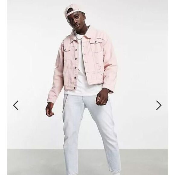 Liquor N Poker Men's Sz M Pink 90s Distressed Oversized Denim Jacket $75 - Picture 9 of 10